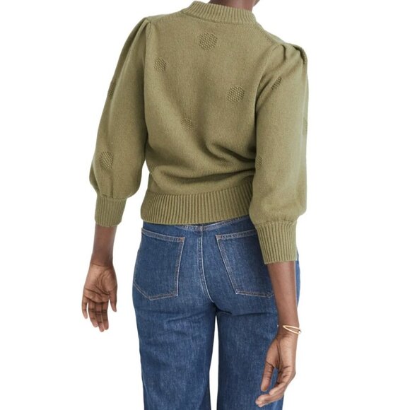 Madewell Dotted Eaton Olive Green Puff-Sleeve Pullover Sweater Medium - Picture 2 of 14